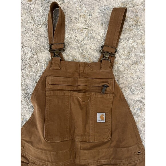 Carhartt Rugged Flex Canvas Bib Overalls Women Tan Loose Fit Bootcut Sz S 4-6 - Picture 3 of 8
